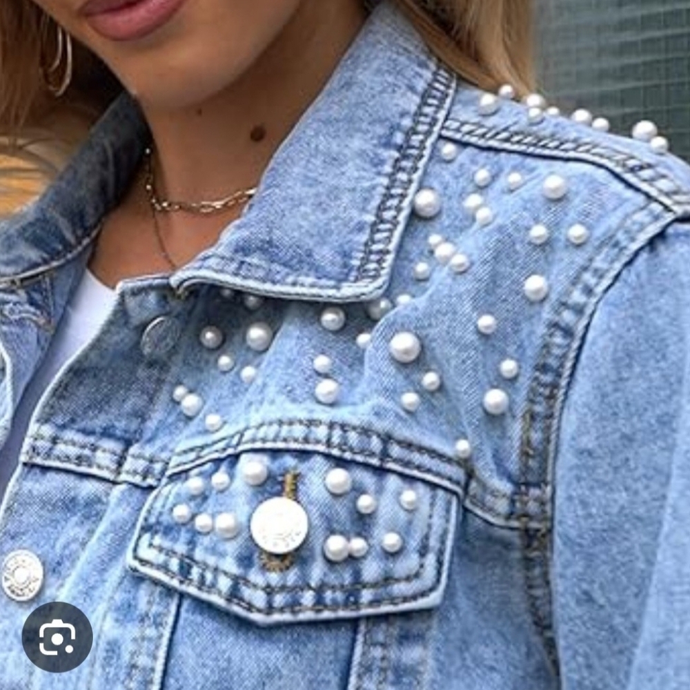 Blue Denim Jacket White Pearl Studs Women's Jacket NWOT - Picture 2 of 12
